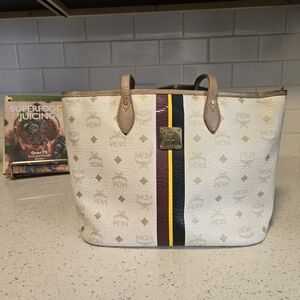 MCM White and Brown Tote with Stripe Accent